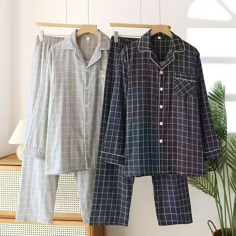 Men’s Checkered Cotton Pajama Set – Button Down Long Sleeve