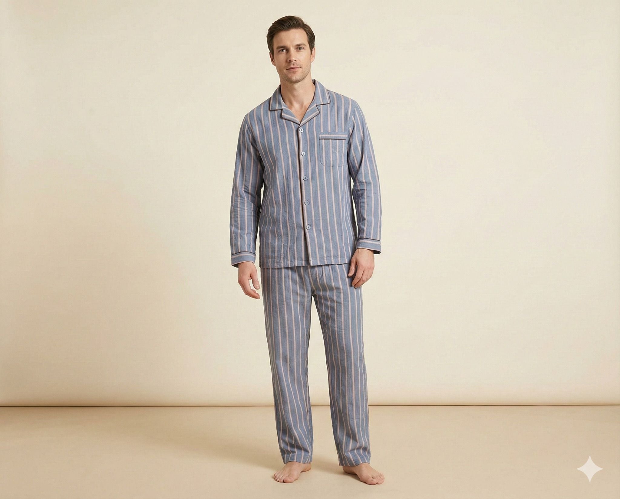 Men’s Striped Cotton Pajama Set – Button Down Long Sleeve