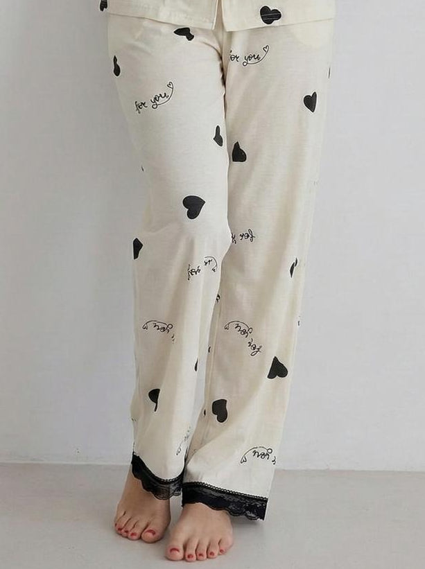 Ladies Heart Print Pajama Set – Button Down Long Sleeve