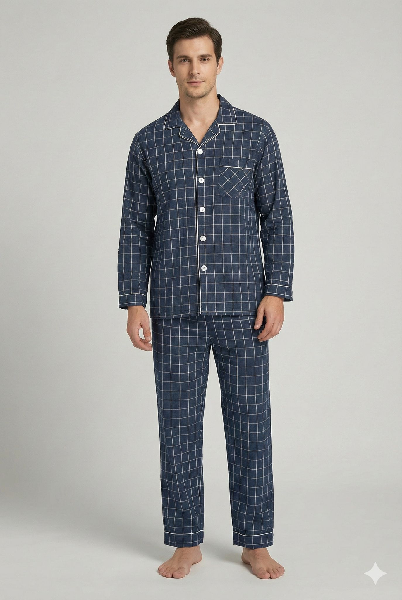 Men’s Checkered Cotton Pajama Set – Button Down Long Sleeve