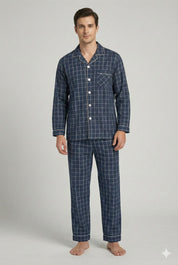 Men’s Checkered Cotton Pajama Set – Button Down Long Sleeve