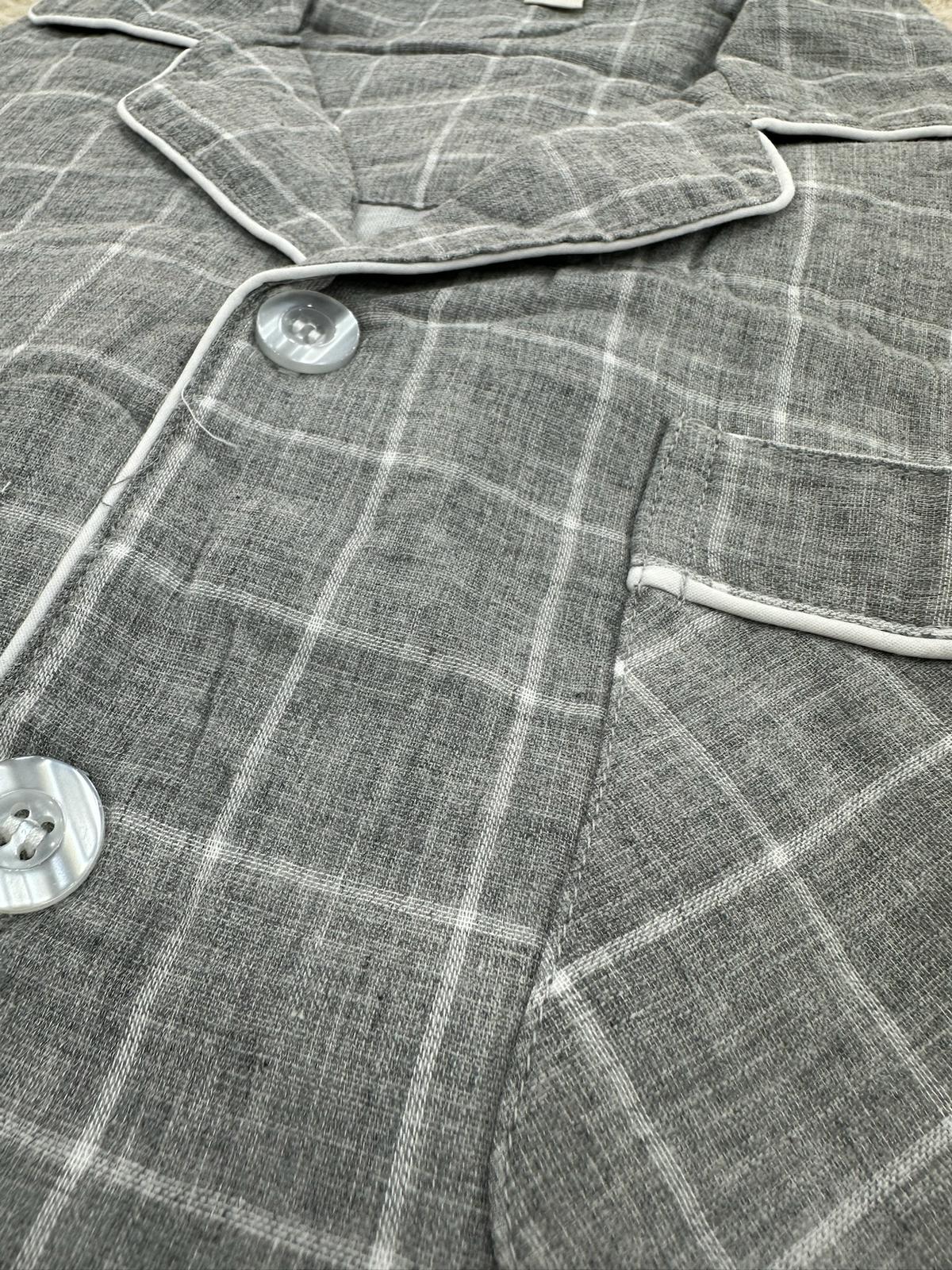 Men’s Grey Checkered Cotton Pajama Set – Button Down Long Sleeve