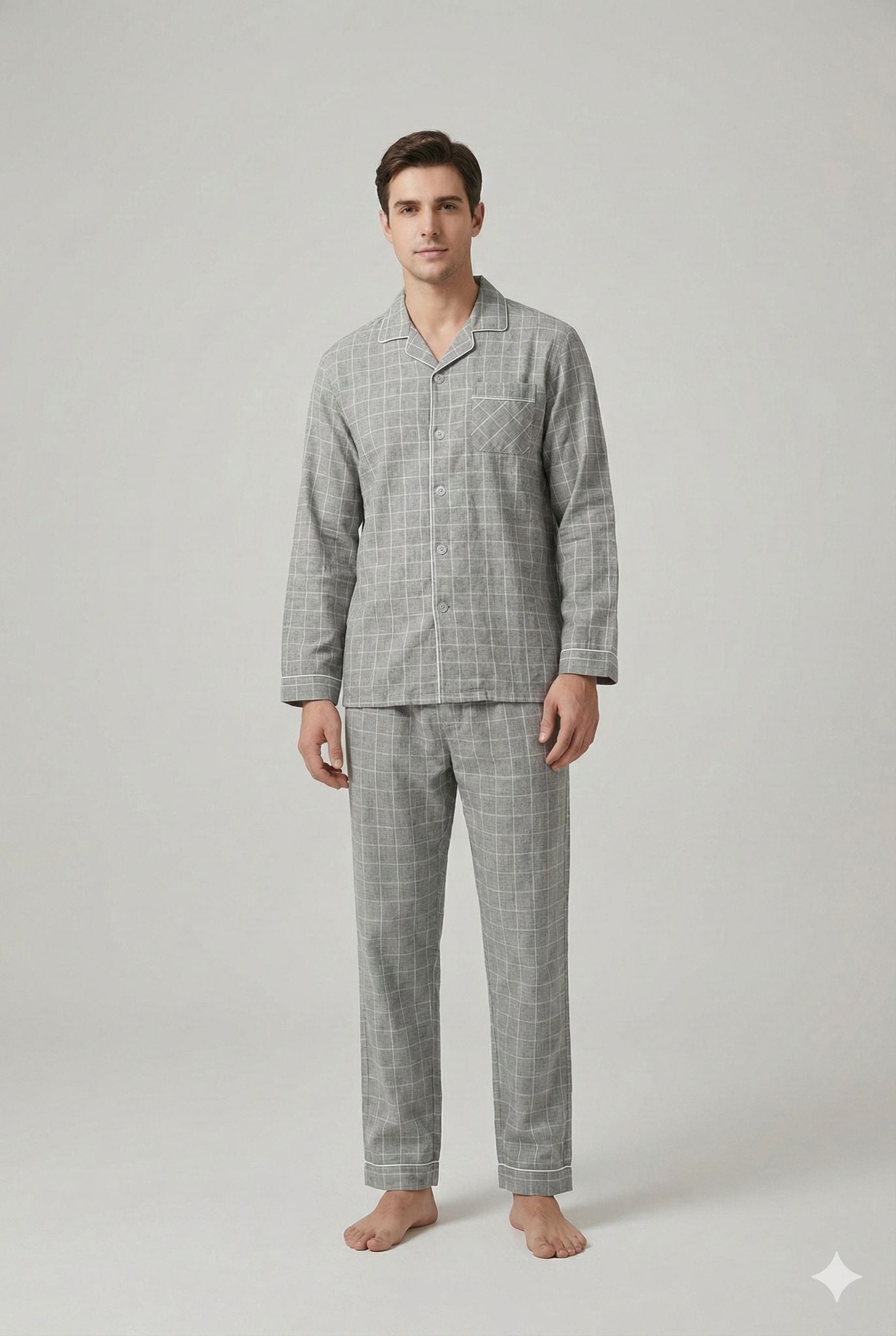 Men’s Grey Checkered Cotton Pajama Set – Button Down Long Sleeve