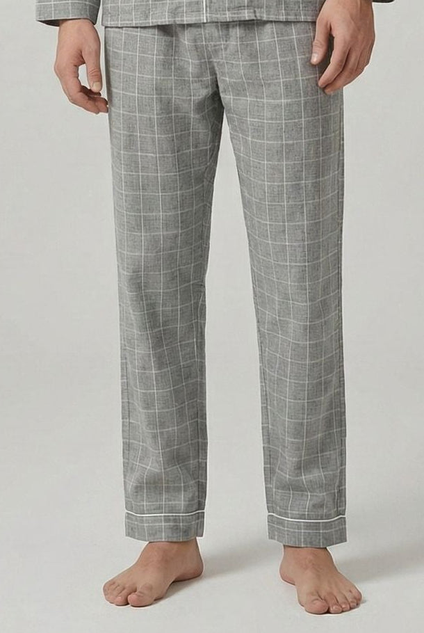 Men’s Grey Checkered Cotton Pajama Set – Button Down Long Sleeve