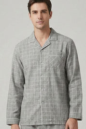 Men’s Grey Checkered Cotton Pajama Set – Button Down Long Sleeve